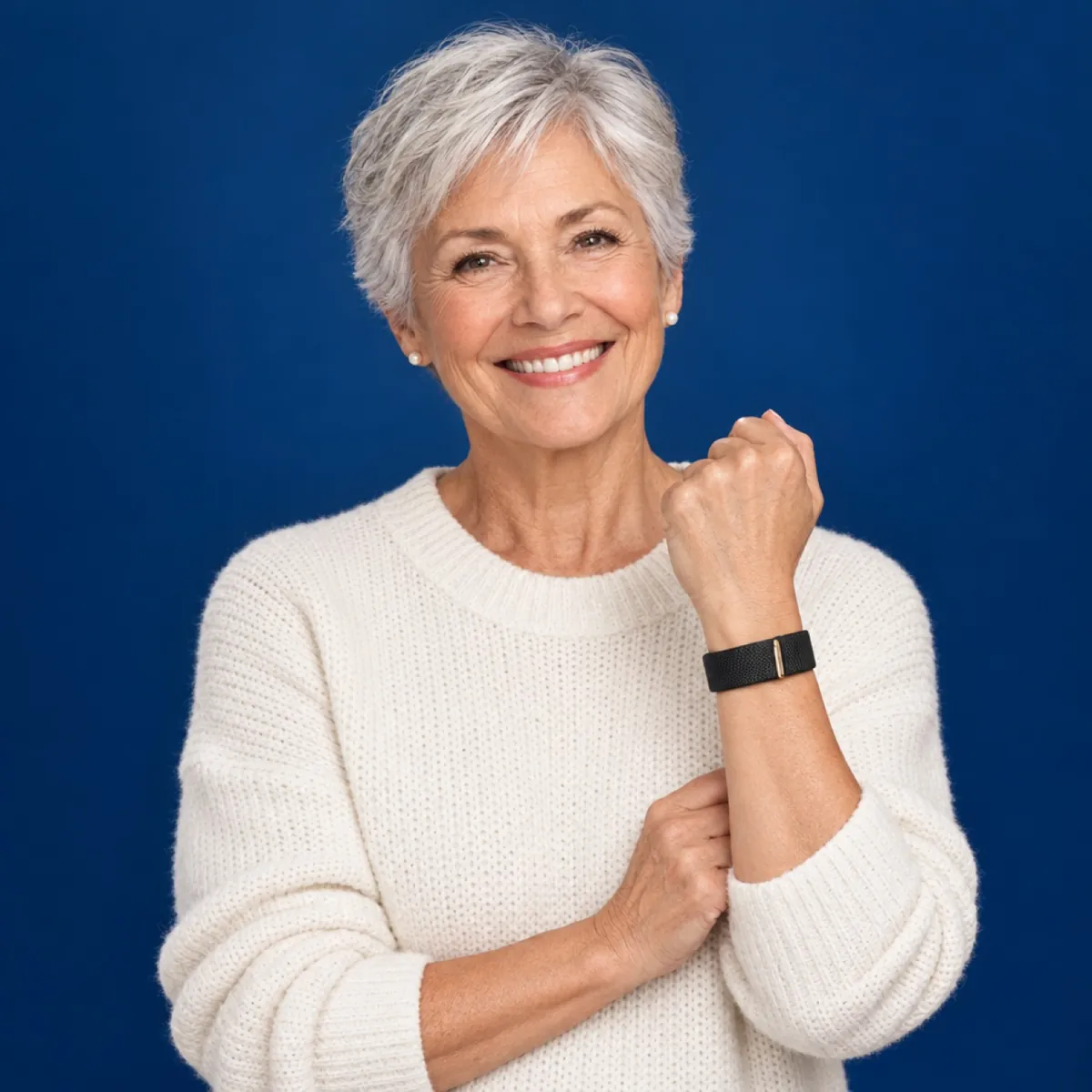 Smiling woman in her seventies showing the Relay band on her wrist