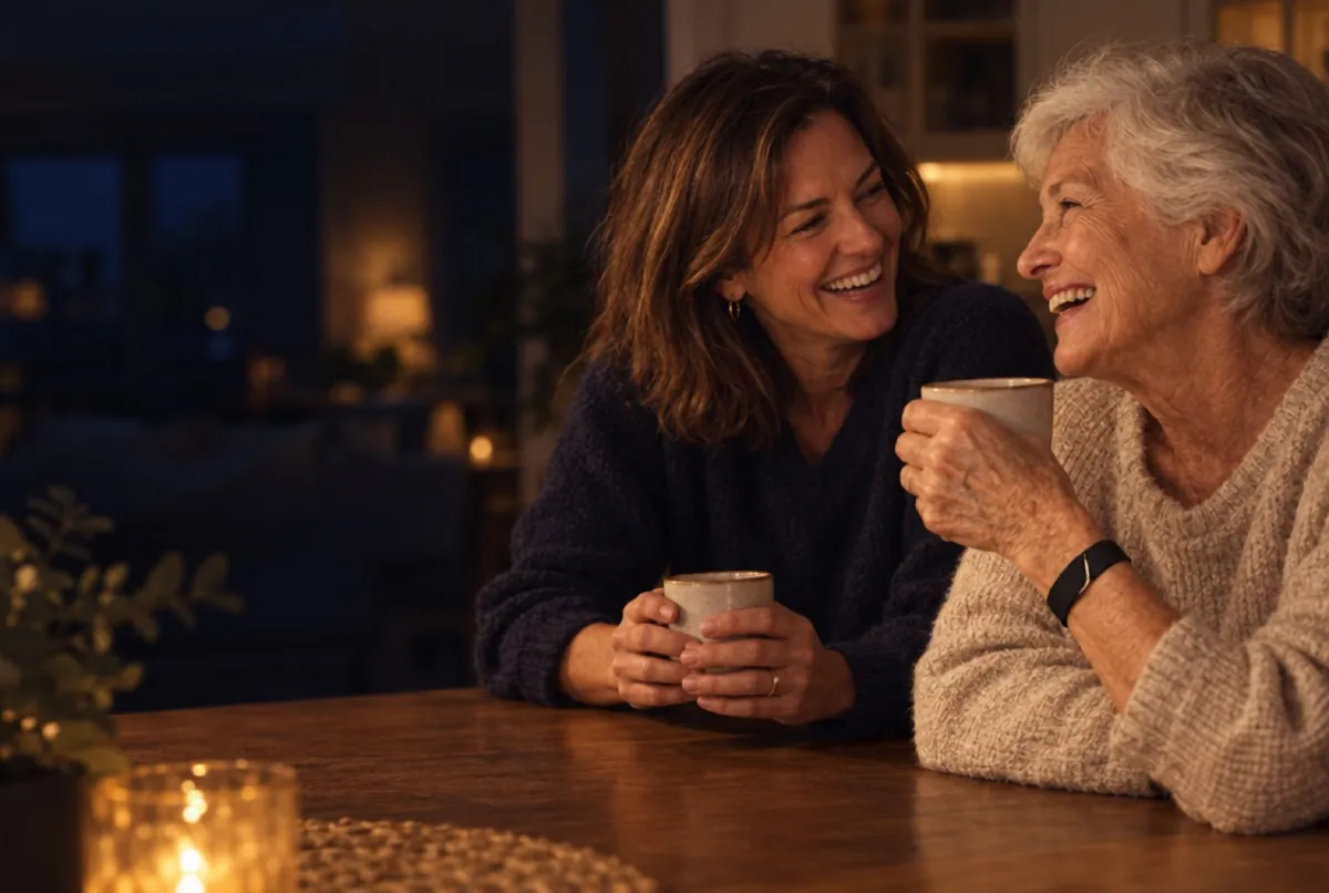 A mother and her adult daughter laughing together at a kitchen table